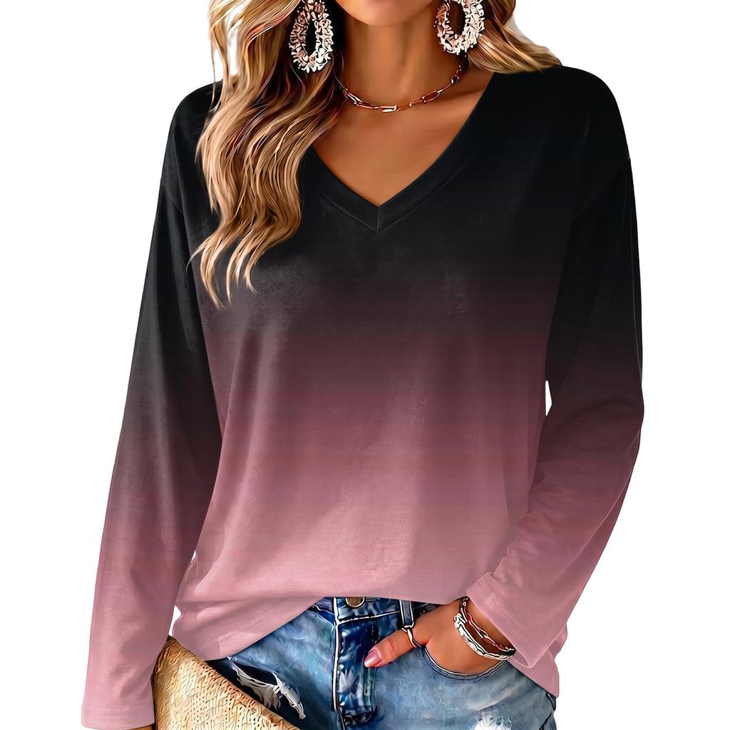 Women's V-Neck Long Sleeve Gradient Print Blouse Lightweight for Spring Summer