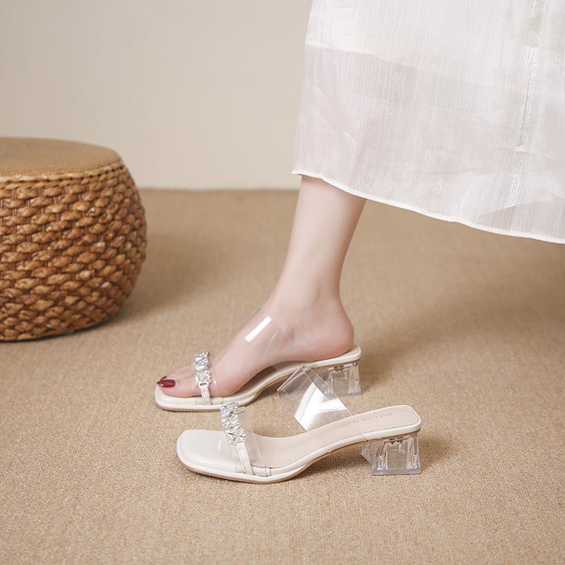 Fashion Transparent Crystal High Heels Sexy Rhinestone Sandals Thick with Fairy 2025 New Square Head Sandals To Wear Outside