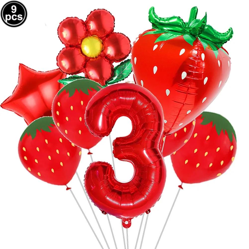 9pcs Strawberry Balloons Kits Birthday Decorations for Girls 32inch 0-9 Number Balloons for Strawberry Birthday Party Decors