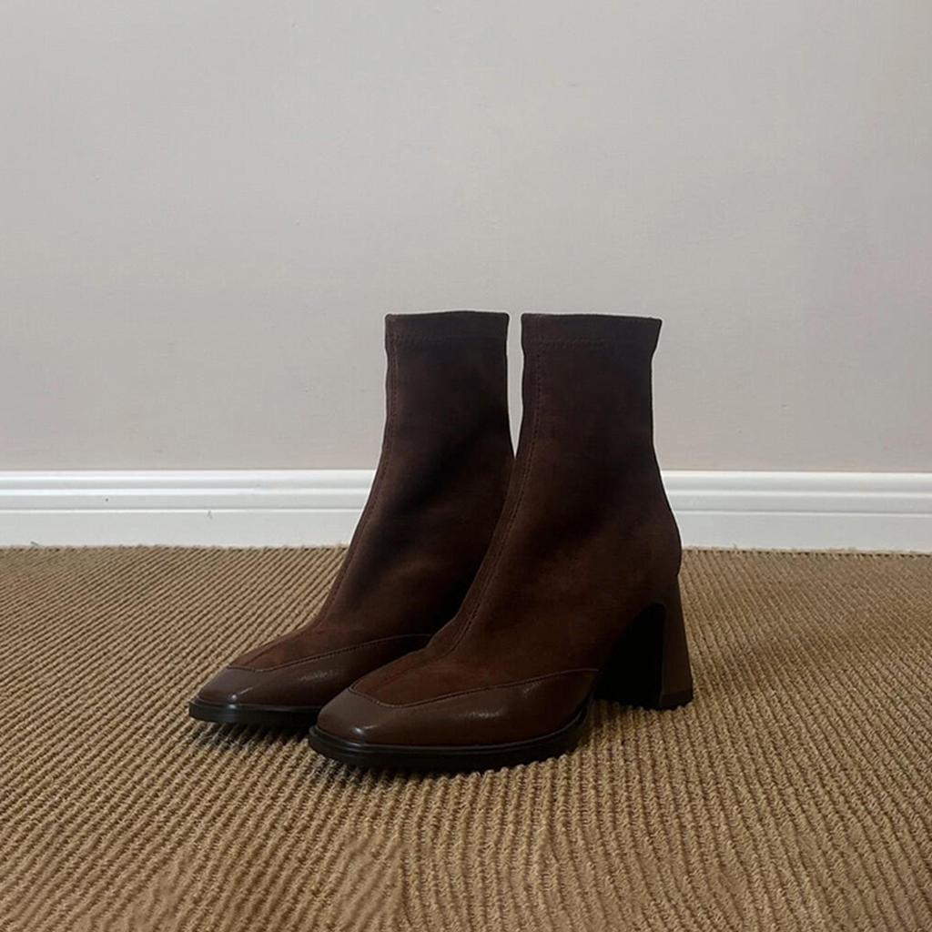 Cowhide version~ Stylish and simple retro thin high-heeled elastic boots women's rear zipper square head leather splicing thin boots