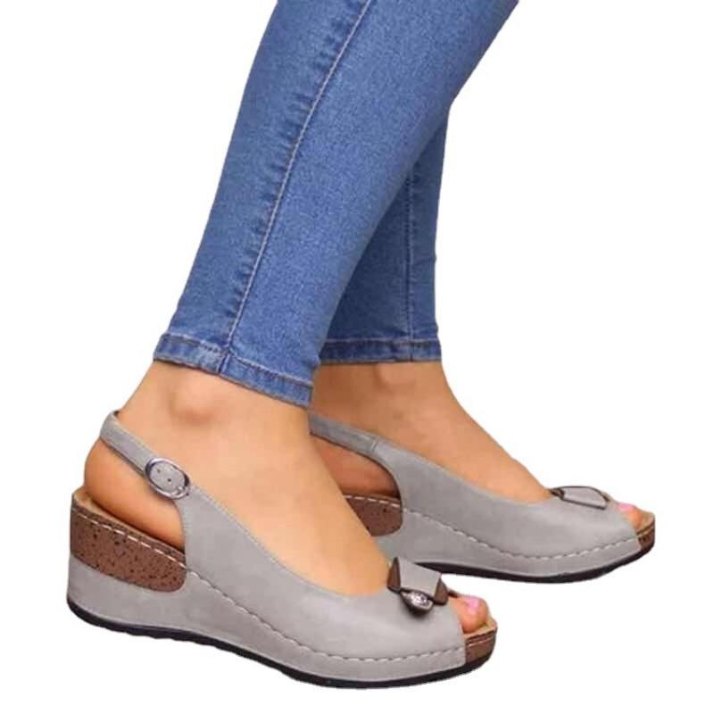 Fashion flat-bottomed wedge heel square buckle fish mouth sandals women's summer large-size thick-soled buckle women's sandals