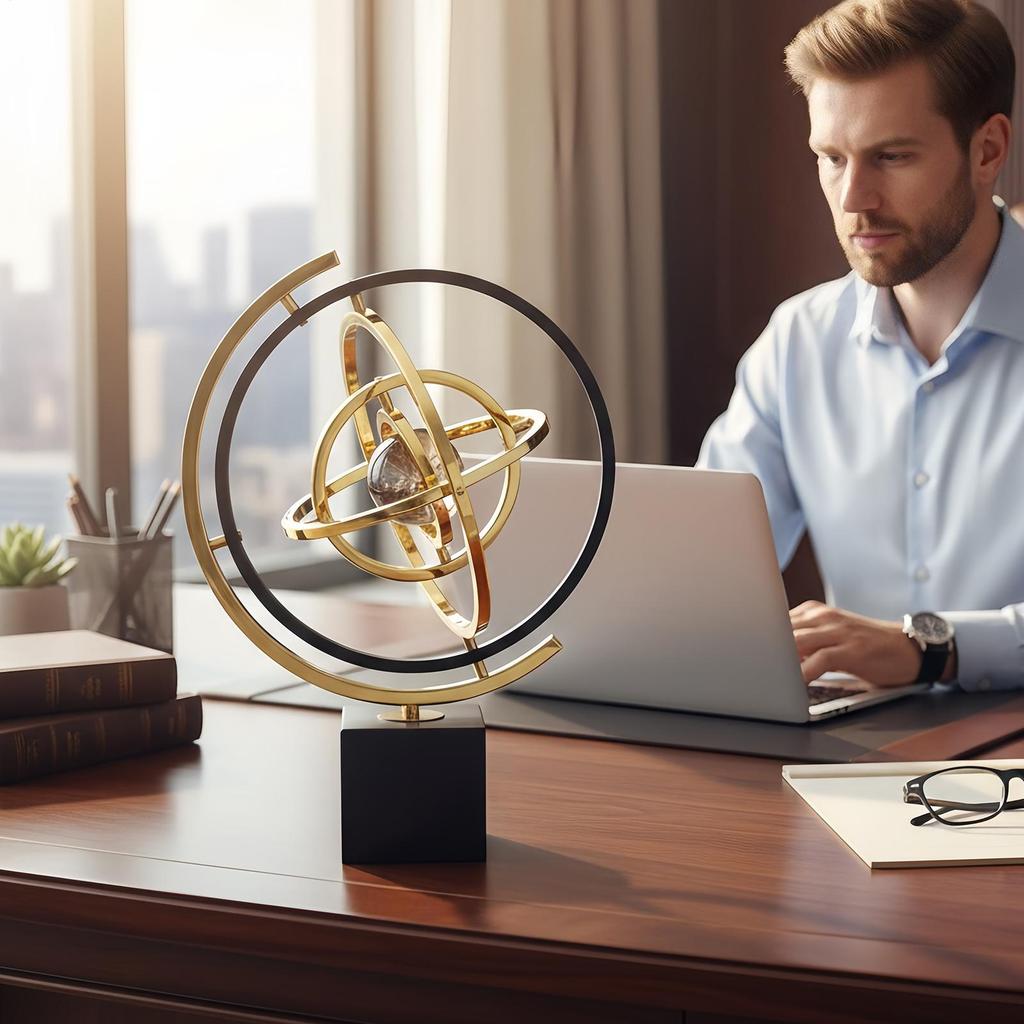 Rotating Globe Metal Ornament Home Accent Modern Abstract Art Decor Rotating Tabletop Abstraction Globe for Office Desk