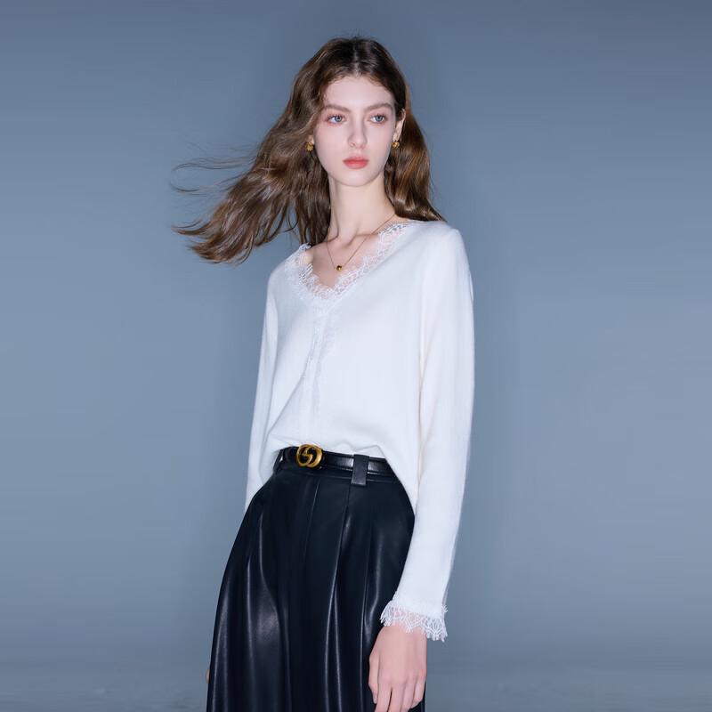 

Sancai Women s V-Neck Lace Trim Knitted Pullover Sweater L