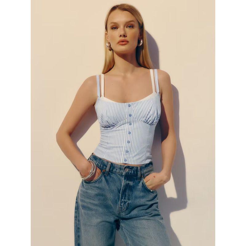 Refor * Li Huili Same Style French Style Retro Striped Fake Two Pieces Double Shoulder Strap Small Sling Slim Fit Slimming Top