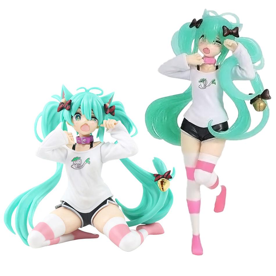Hatsune Miku Model Anime Girl Figures Cat Ear Sitting Posture Short Sleeved Pajamas Figurines Car Decoration Doll Kids Toy Gifts