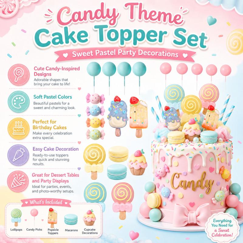 22Pcs Cake Toppers Set Candy Ice Cream Theme Decorations Kids Birthday Party Cupcake Toppers Cake Toppers Set Dessert Decor New