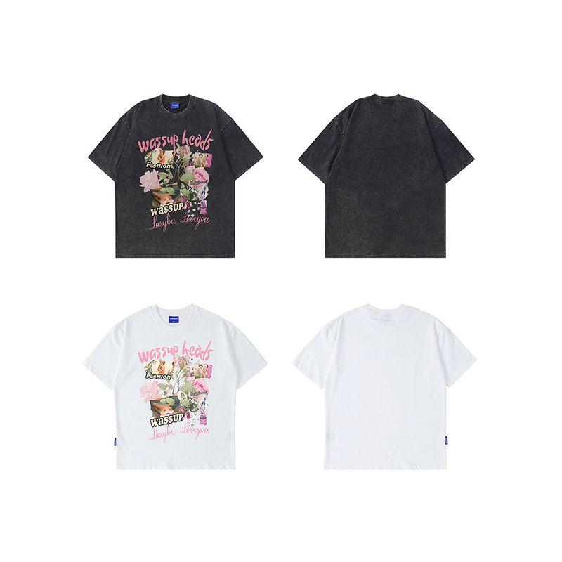 Wassup Heods Digital Inkjet Short-Sleeved Men's Clothing Summer 2024 New American Retro Round Neck T-Shirt Top