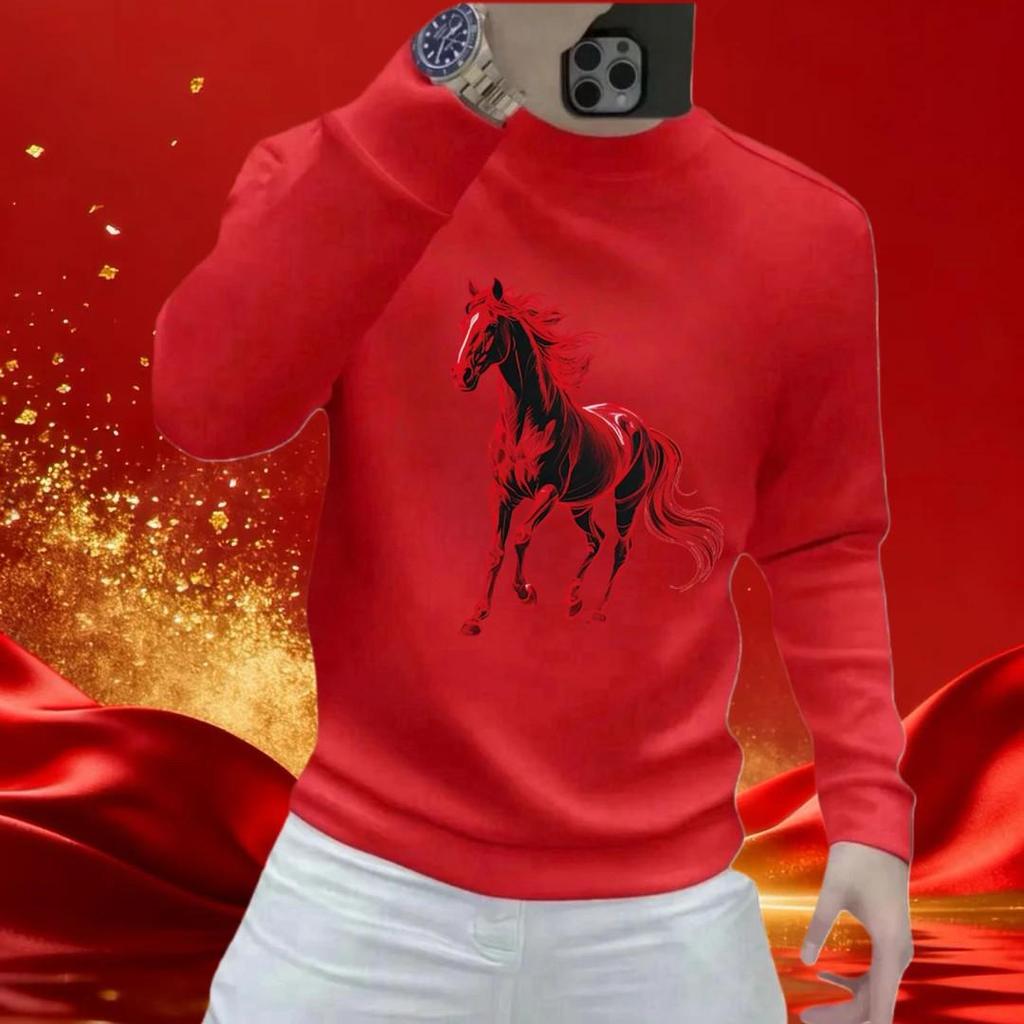 2026 Year of the Horse Zodiac Men's Red Hoodie - Cotton Print Long Sleeve T-Shirt Top