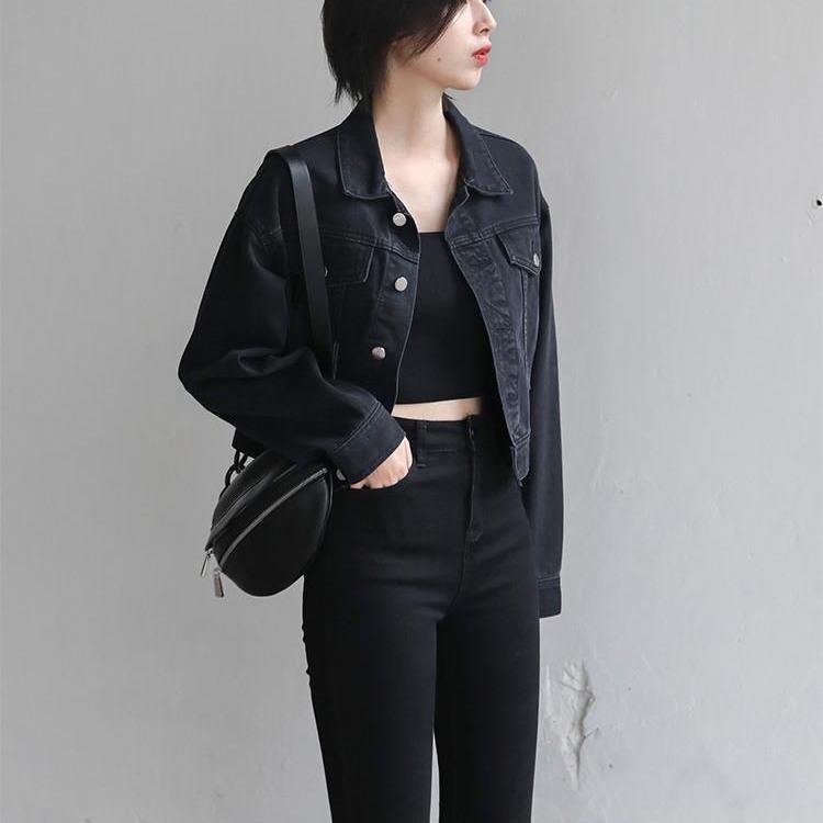 

Женская ретро джинсовая куртка черного цвета на весну/лето 2024 - Универсальная, свободного кроя, с длинным рукавом M чёрный