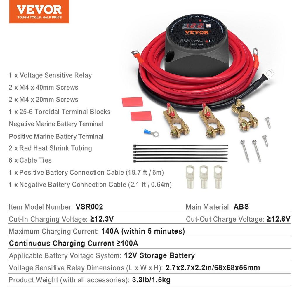 Split Charge Relay Kit Voltage Sense Relay 12V 140A Dual Battery Isolator