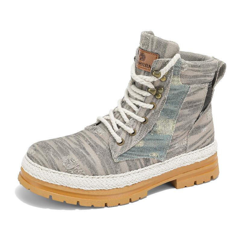 Autumn and Winter Straw-soled Denim Canvas Shoes Fashion Casual Thick-soled Tooling Boots High-top Lace-up Trend Martin Boots