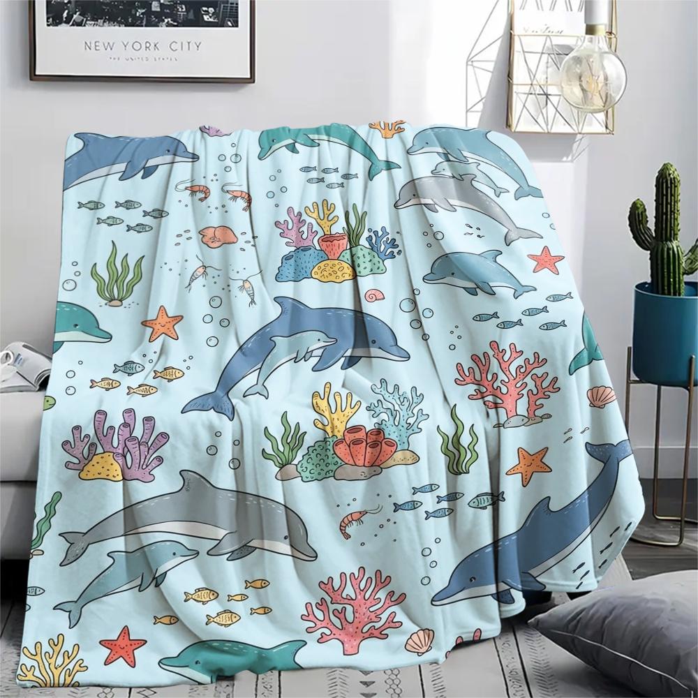 1PC Cute Marine Animals Print Flannel Blanket, High quality All Seasons, Home Decor, Warmth and Comfort, Perfect for Christmas Gifts