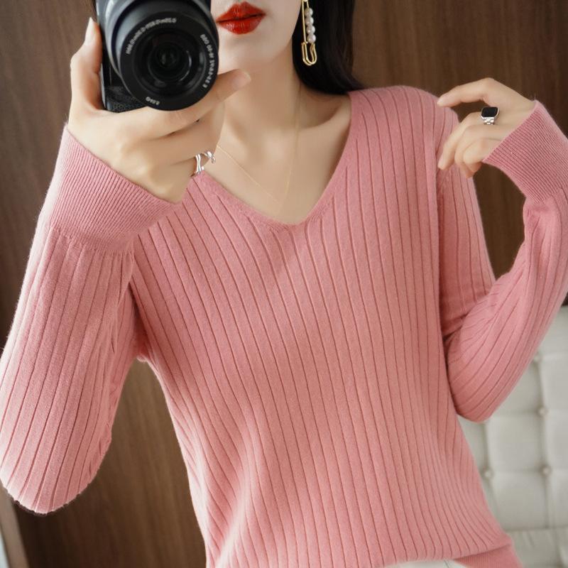 Herbst/Winter V-Ausschnitt Pullover Damen Gestreift Einfarbig Basis Pullover Koreanischer Slim Hoodie Innen Set Damen Warm Lässig Strickpullover