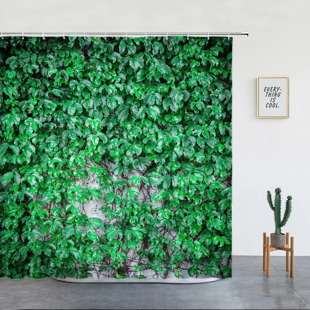 Stone Brick Wall Shower Curtain,Ivy Green Leaves Climbing On Rustic Marble Rocks Stone Wall Fabric Bathroom Shower Curtains