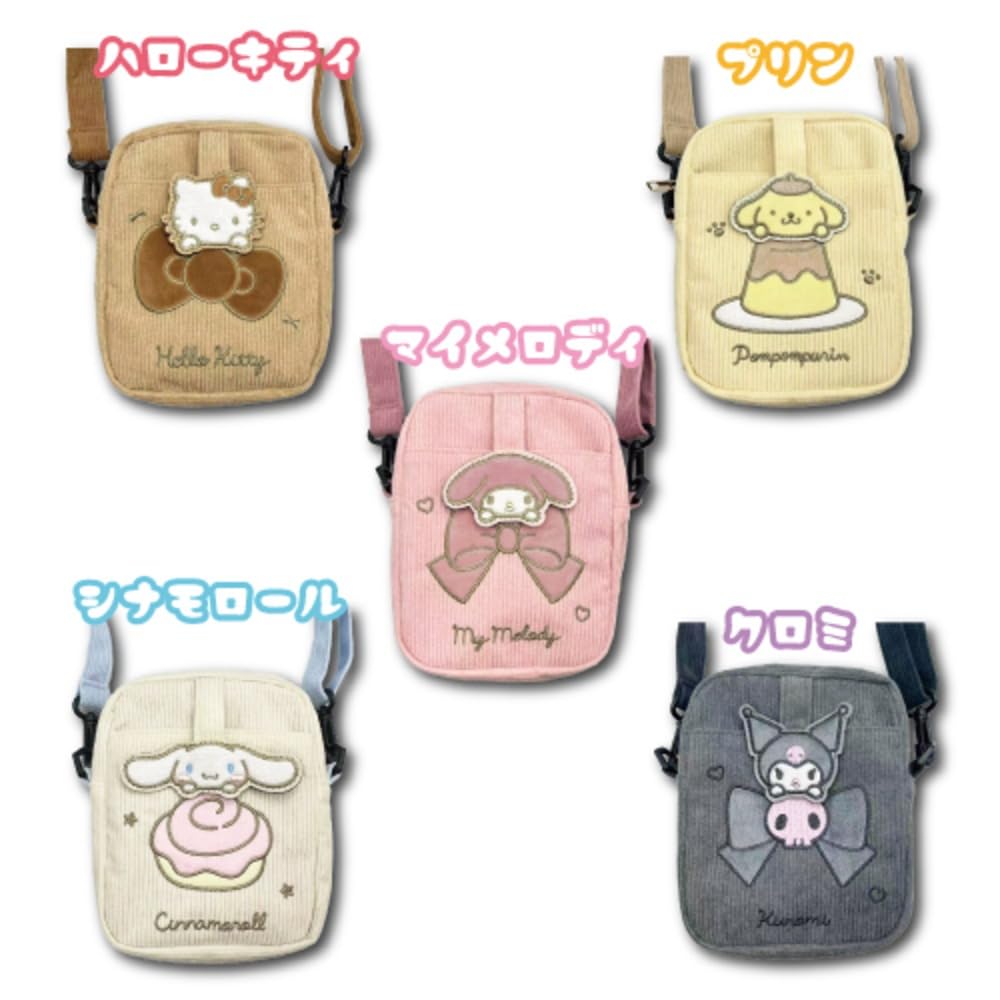 Hatayama Shoji Sanrio Corduroy Character Shoulder Pouch, Cute Mini Shoulder Bag, Kuromi [Body] Approx. H18 x W14 x D5cm  [Belt] Max. 120cm  [Patch]