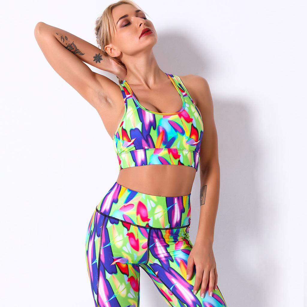 Digital Printed Color Floral Stripe Breathable Yoga Bra Women's Sports Running Fitness Wear