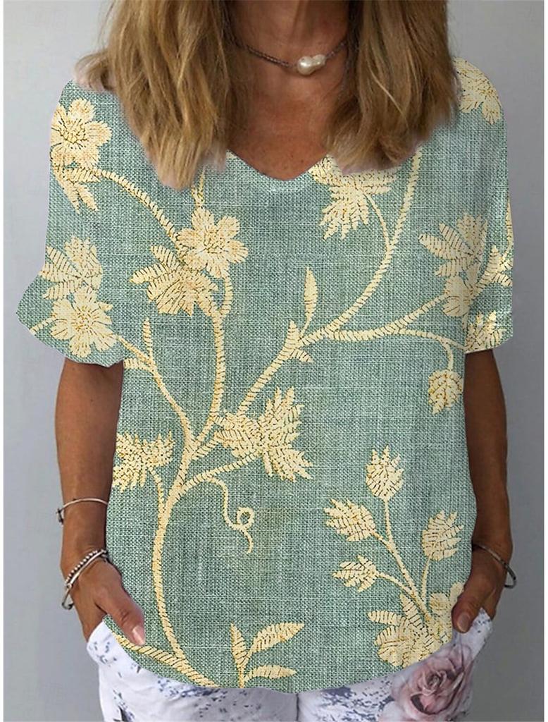 Summer V-neck 3D Floral Pattern Printed Top Fashionable Casual Short Sleeved Women's T-shirts
