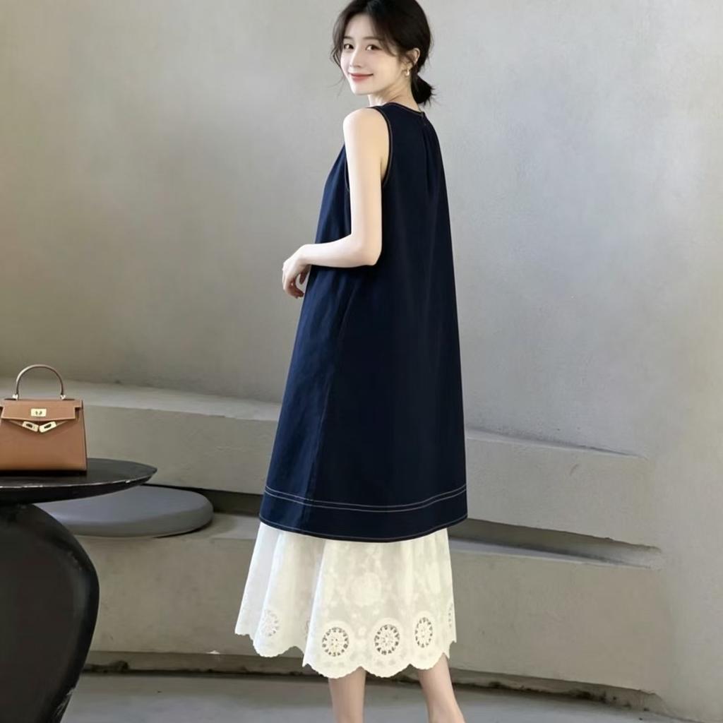 Blue Dress Women's Summer 2026 New French Holiday Style Girly Lace Splicing Sleeveless Vest