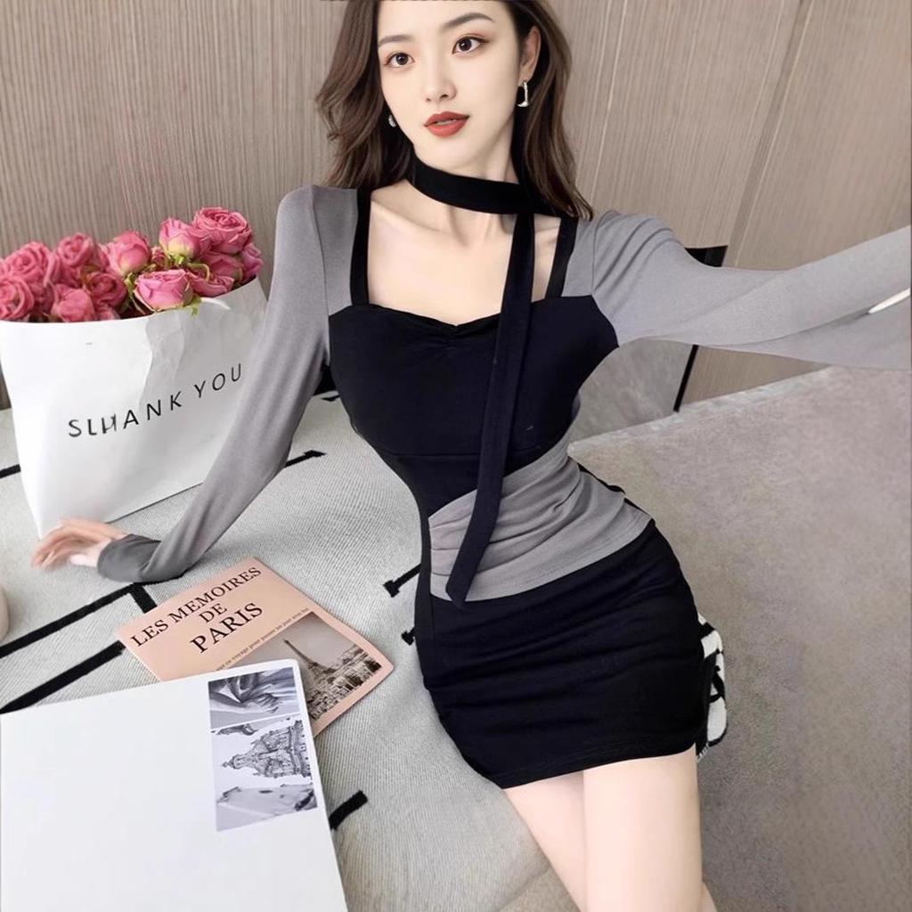 2024 Autumn/Winter Slim Fit Patchwork Dress: Sexy, Color Block, Hip-Hugging Skirt