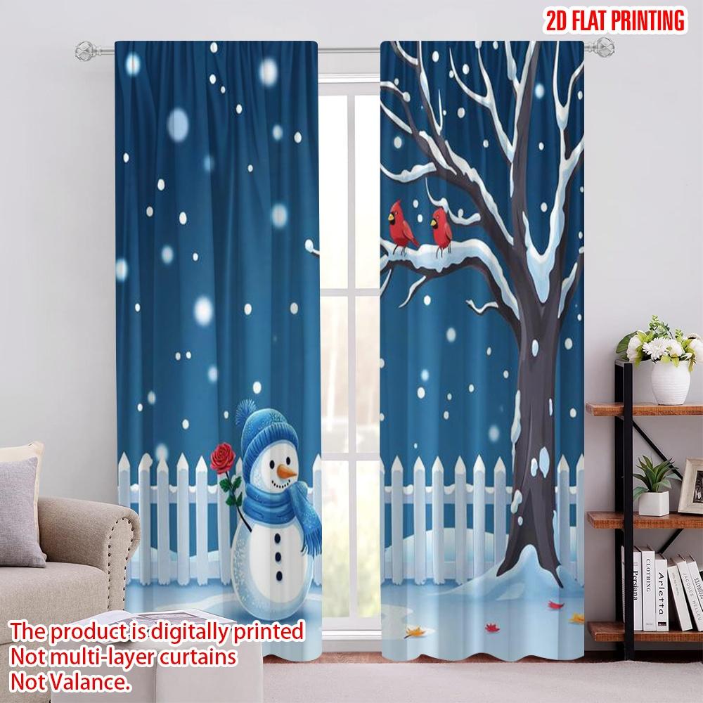 2pcs 2D flat printing Christmas Curtains Winter Wonderland Snowman Versatile 100% Polyester Without Electricity Spring for gold