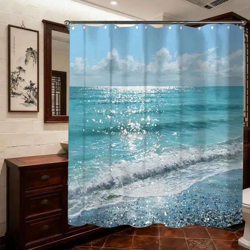 Ozeanstrand Motiv Duschvorhang – Realistischer Küstenblick, Wellen & Kieselsteine, 12 Haken, 180×180 cm Wasserdichtes Badezimmer Dekor