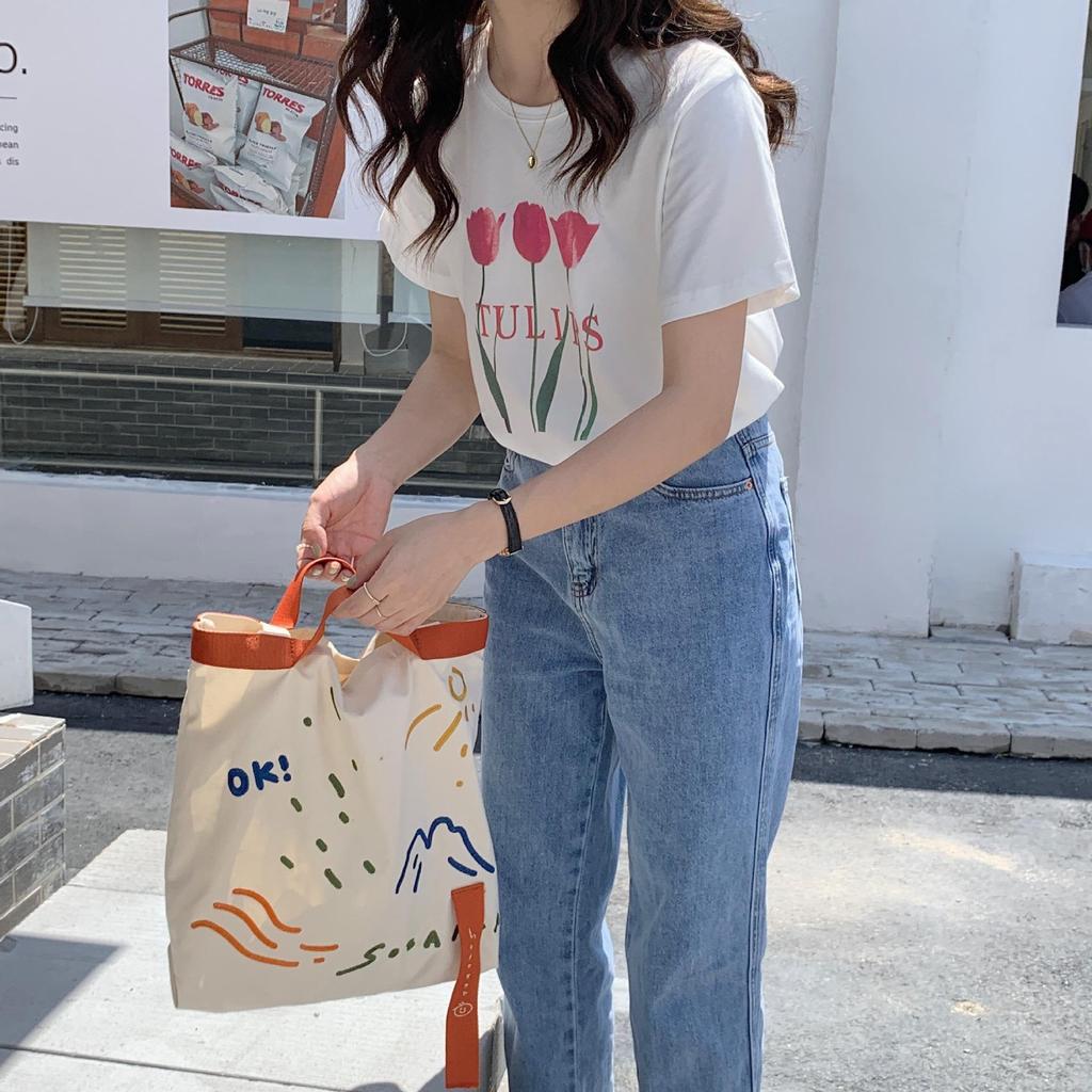 Women Color Contrast Weave Belt Canvas Shoulder Bag Embroidered Large Capacity Student Tote Bag