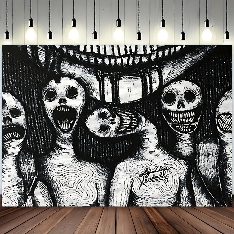 Dark Terror Hand Drawn Tapestry, Black White Gothic Wall Art for Bedroom Home Decor