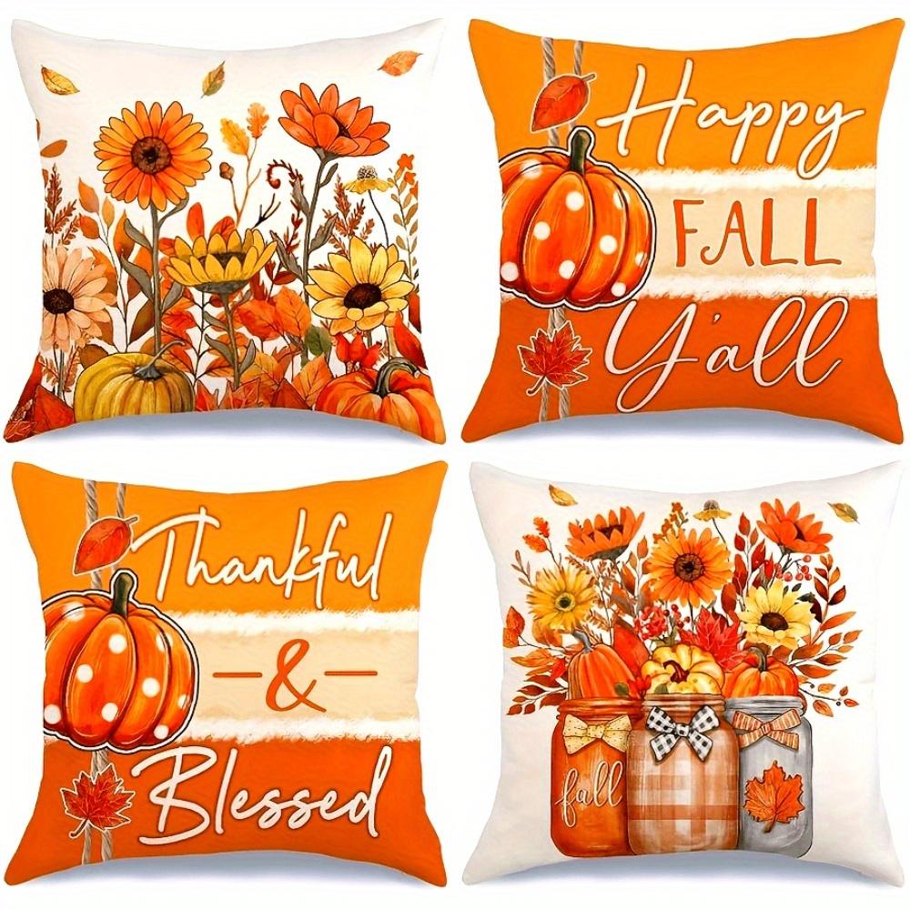 4pcs Fall Thanksgiving Throw Pillow Covers - Rustic Farmhouse Decor with Pumpkin, Floral and Mason Jar Patterns - Polyester, Zipper Closure - Perfect