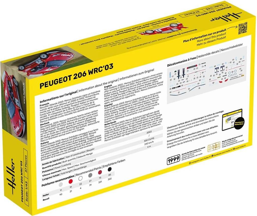 Platz Heller Scale Peugeot 206 WRC 2003 Plastic Model Kit HE80113 1/43