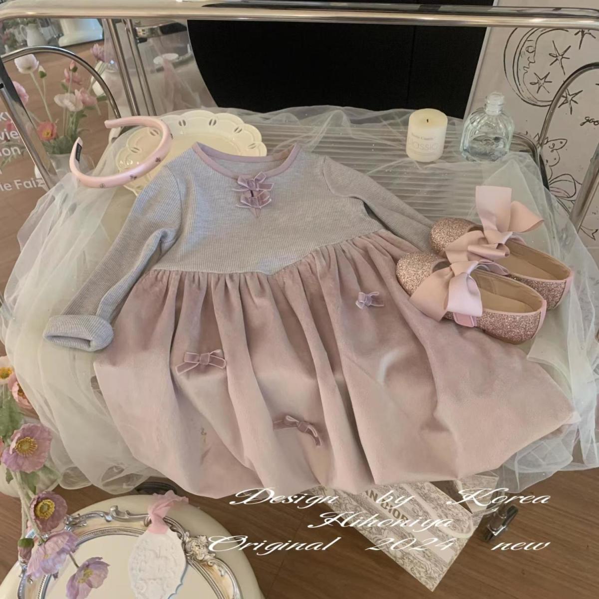 Kids Girls Long Sleeve Bowknot Princess Party Dress Children Casual Dress 90cm