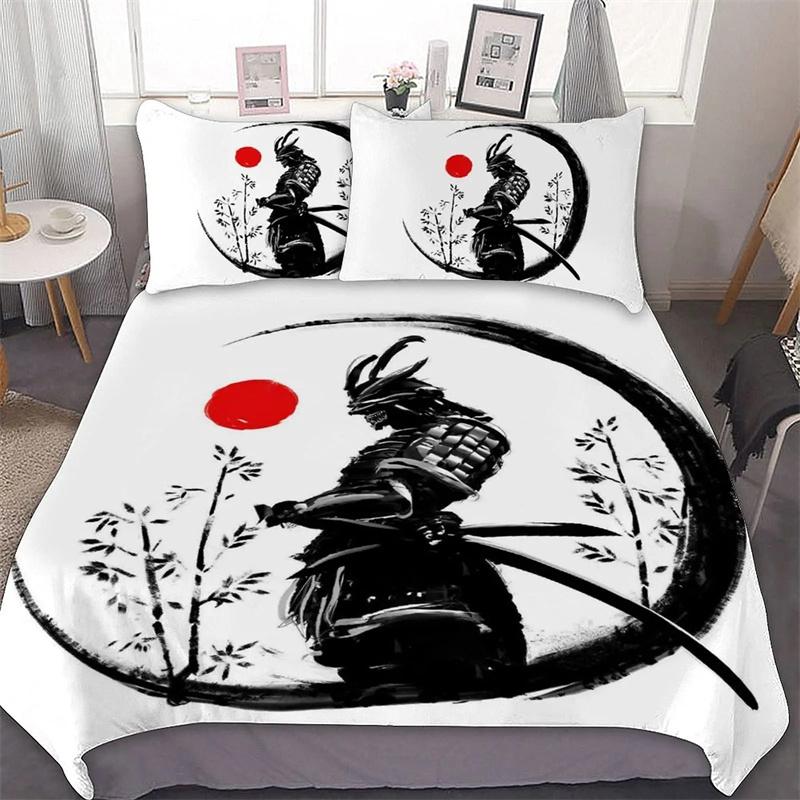 Samurai Bedding Sunset Povlak na přikrývku Japonská samurajská krajina Silueta Ložní prádlo Dekorace ložnice v japonském stylu pro muže Dárky