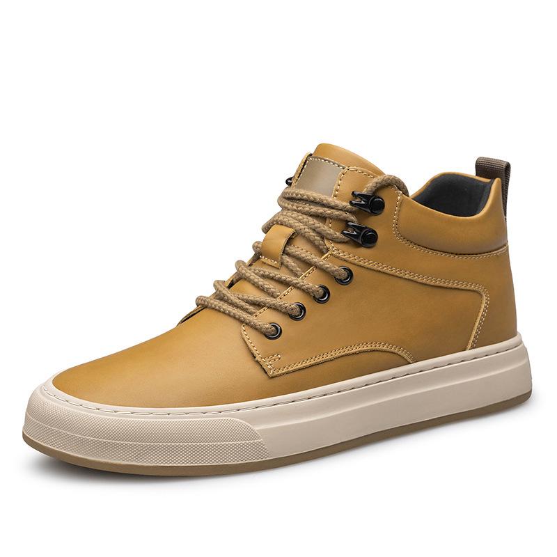 Men's Autumn Invisible Height-Boost 8cm Breathable Cowhide 6-Hole Mid-Top Shoes, British Style Sports Casual Board Sneakers