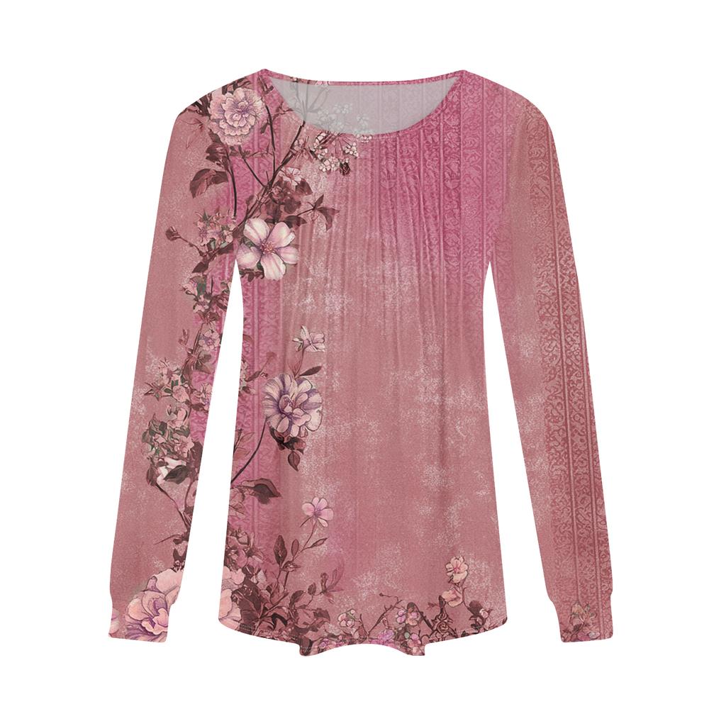 Damenmode Lässig Plissiert Rundhals Vintage Blumendruck Langarm T-Shirt Top