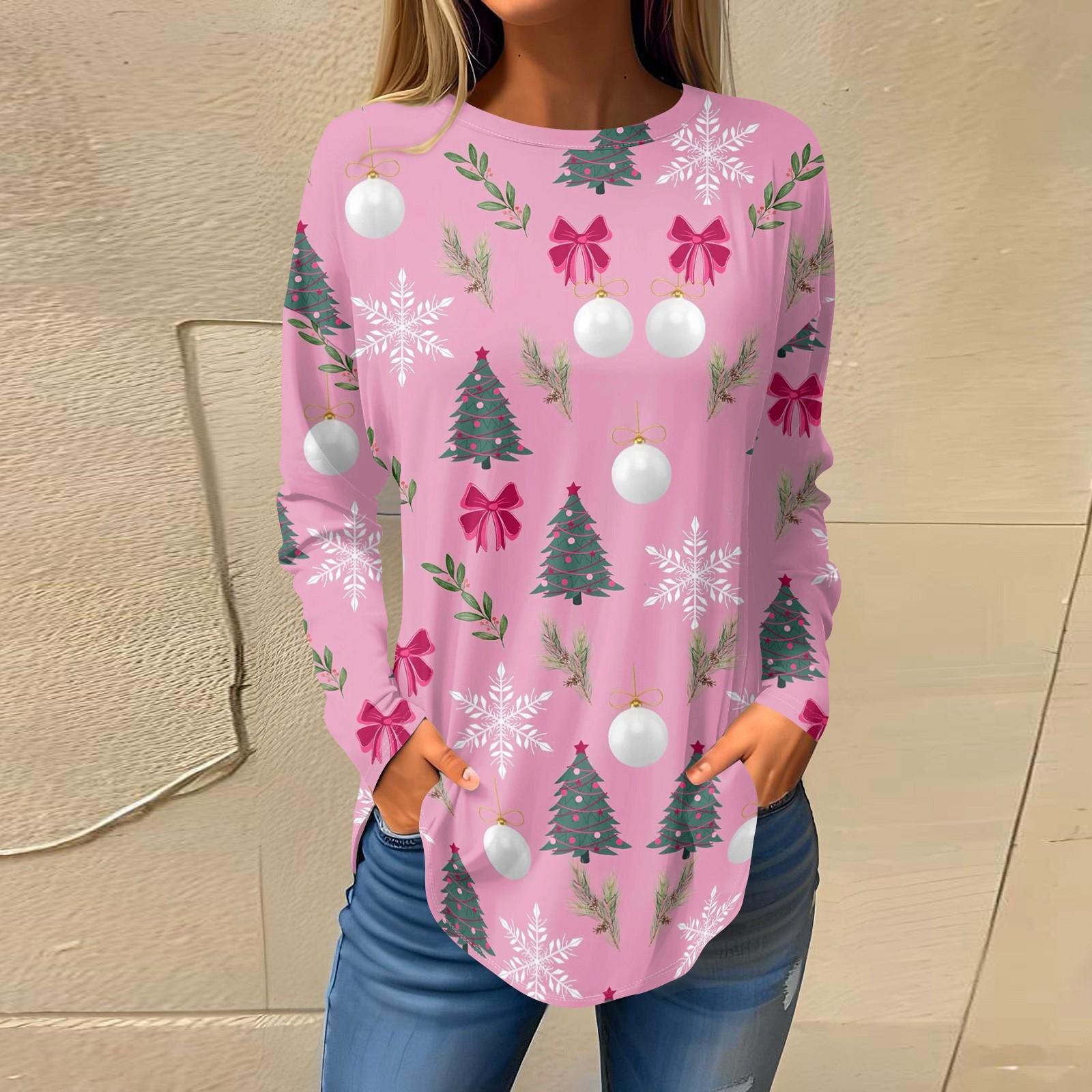 

Футболки для женщин, осенние повседневные рубашки с длинным рукавом, толстовки с винтажным графическим принтом, топы, пуловеры, рождественские XL розовый