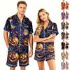 Couple Matching Halloween Pajama Set Short Sleeve Button Down Shirt with Curved Hem and Shorts Soft Casual Sleepwear S-XXXXL