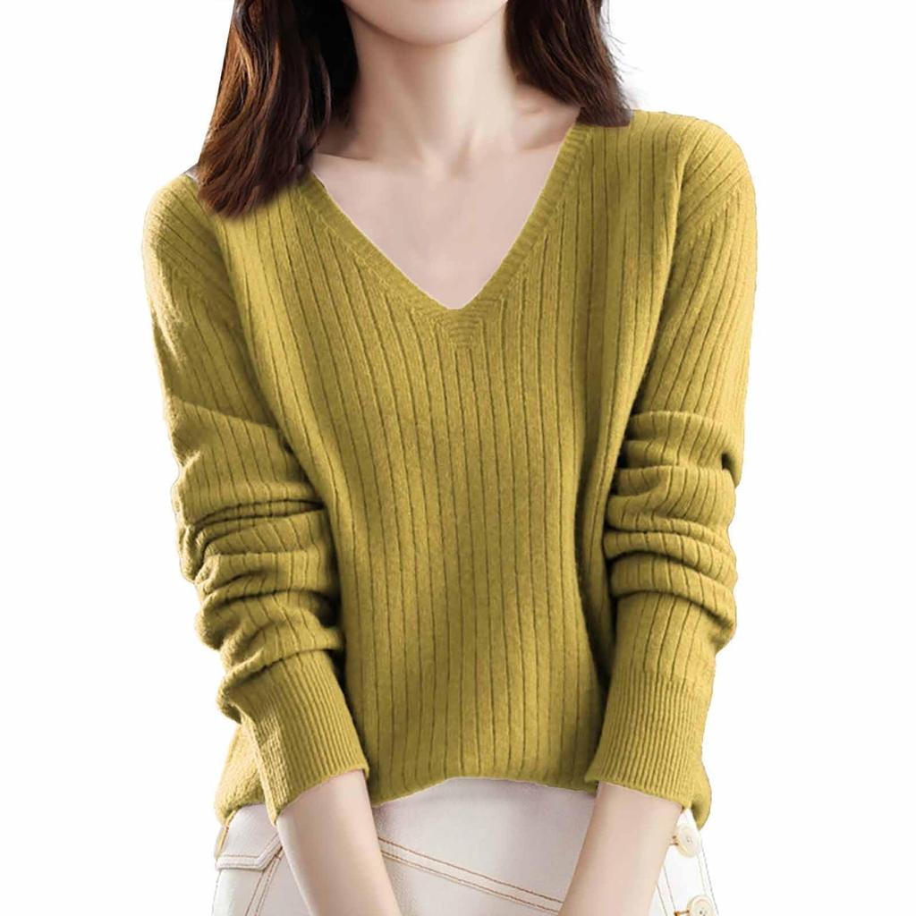 Damenmode Locker Gestrickter Pullover Unterhemd V-Ausschnitt Pullover Langarm Einfarbiges Oberteil