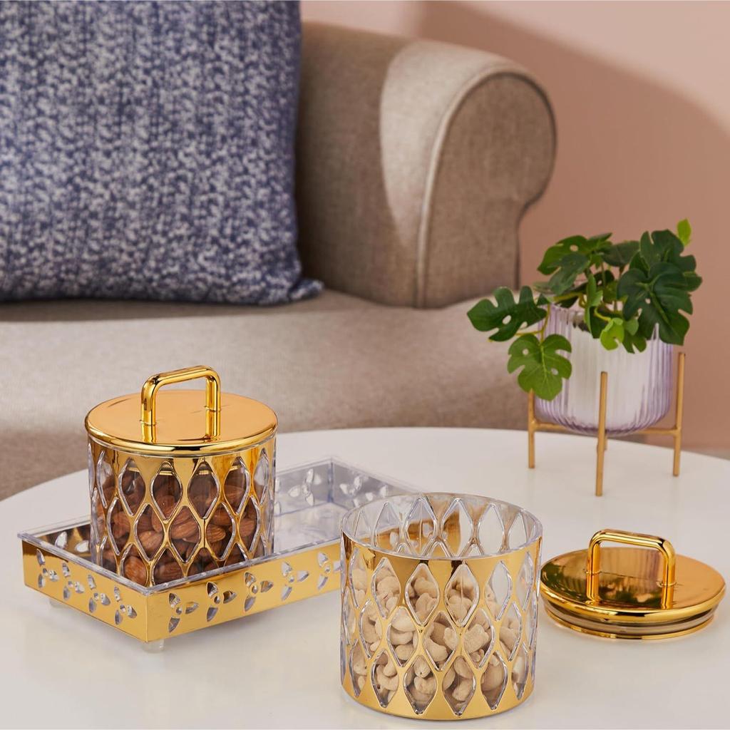 Hermetyczny Zestaw Pojemników na Suche Owoce z Tacą|Plastikowy Pojemnik do Przechowywania Suchej Żywności|500 ml, Zestaw 2 szt. (Złoty)