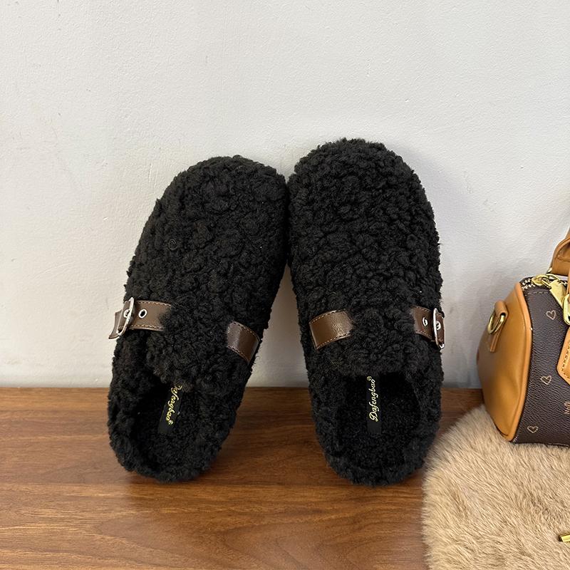 Luxury Furry Lambswool Slippers Woman Cover Toe Mules Shoes Winter Slip On Sliders House Pantuflas Mujer Curly Wool Fur Loafers