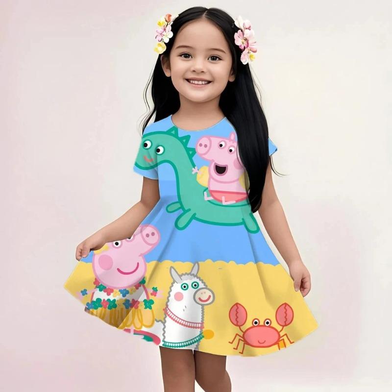 Cute Peppa Pig Sundress Girls Summer Sleeveless Beach Dress Cartoon Print Lightweight