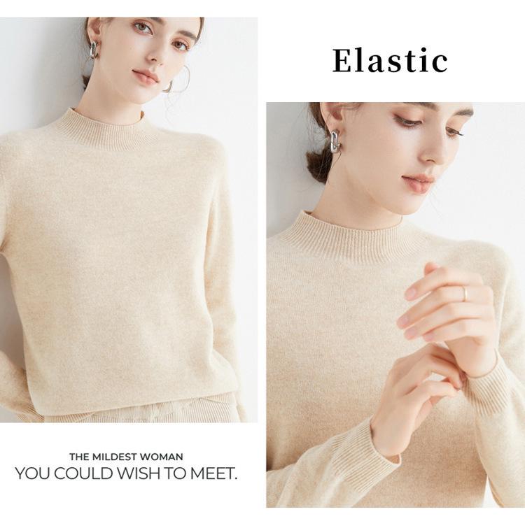 Damen Nahtloser 100% Wollpullover Langarm mit Halbhohem Kragen für Herbst/Winter