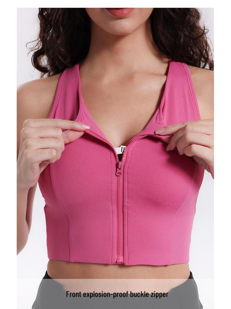 High-Impact Lycra Sports Bra with Front Zipper and Fixed Cups