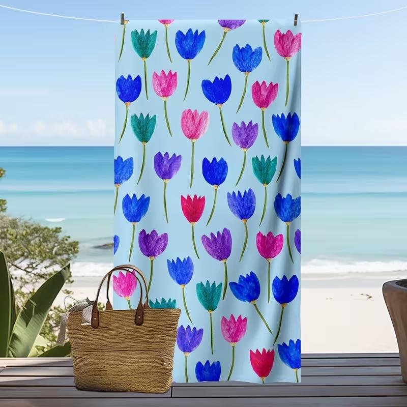 Watercolor Tulip Print Beach Towel Quick Dry Lightweight Absorbent Cute Colorful Floral Design Towel for Summer Vacation Pool