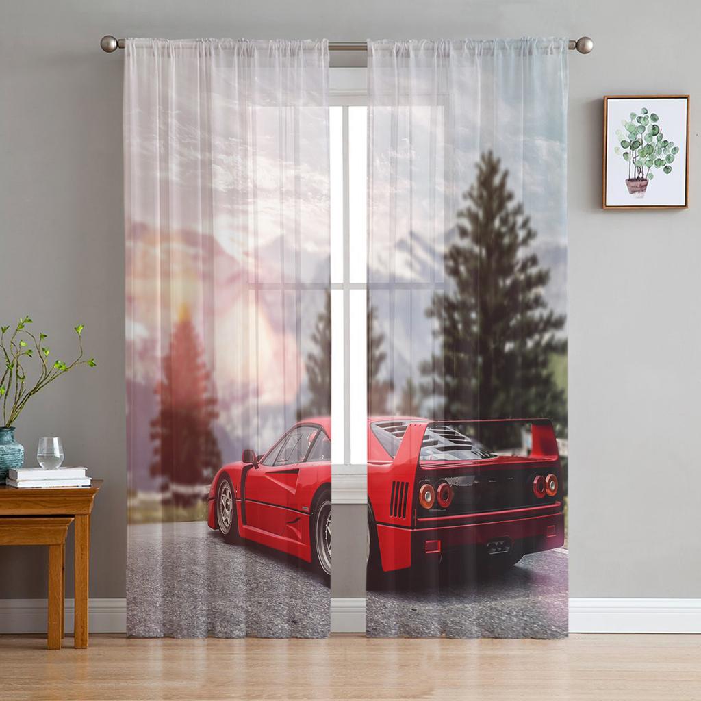 City Sports Car Sheer Window Curtains for Living Room Kitchen Children Bedroom Decoration Chiffon Tulle Voile Hanging Curtain