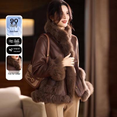 JIANHU Women's Winter Fox Fur Trim Faux Leather Down Coat