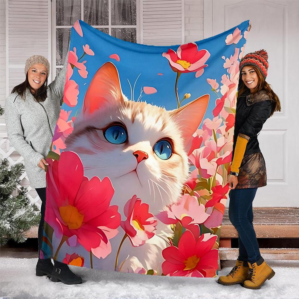 1pc Floral Cat Print Outdoor Flannel Blanket , Machine Washable Perfect Gift for Birthday , Holiday Travel Accessory , Durable Material
