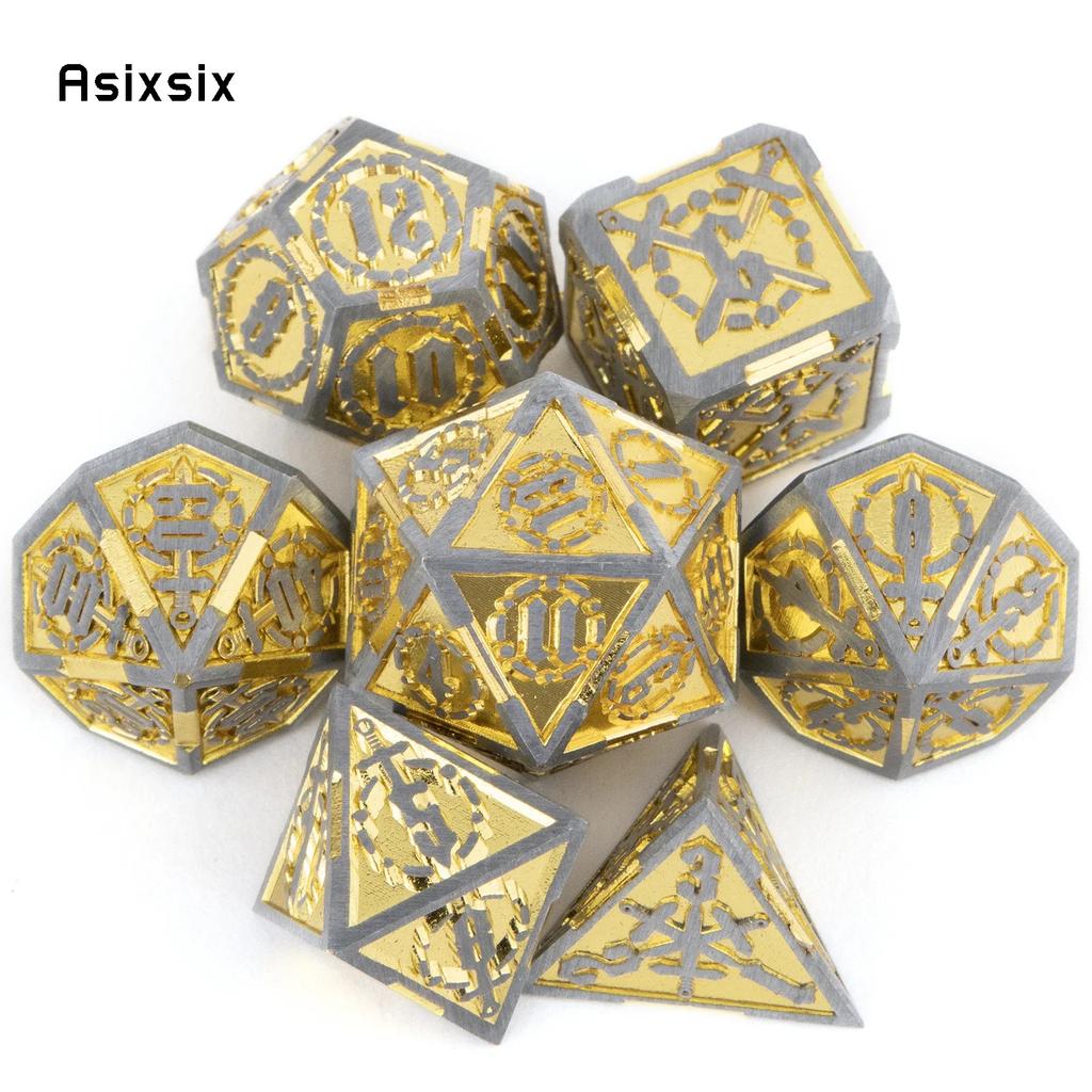 7 Pcs Yellow Silver Double Swords Metal Dice Solid Polyhedral Dice Set Suitable For Role-Playing Dice PropBoard Game