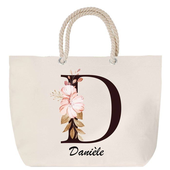 Sac de plage avec anse corde Danièle Lettre Fleur Cadeau Anniversaire Noël | Grand Sac de Transport & Sport
