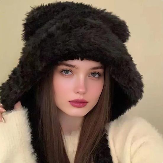 Women Hat Bear Shape Solid Color Winter Knitted Hat with Lace-up Cold Weather Thick Warm Plush Headwear