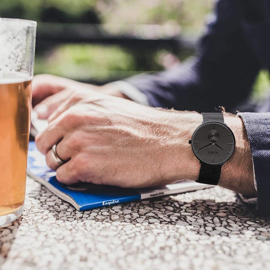 BUREI Men's Black Watch, Simple, Stylish, Popular, Men's Black Watch with Leather Strap (AMJP-7, Stainless Steel)