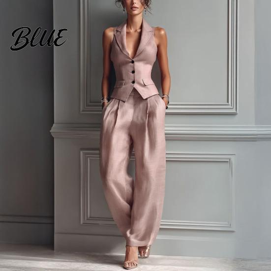 Women Two-piece Women's Summer 2 Piece Business Work Outfits Sleeveless Button Slim Fit Suit Down Vest And Wide Leg Pants Matching Set Clothing